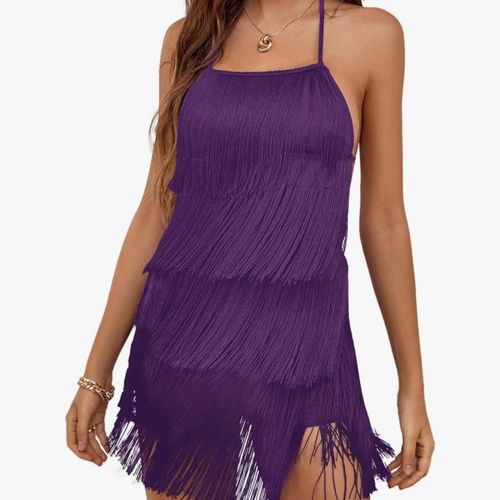 Chic Nation Vibrant Purple Fringe Mini Dress